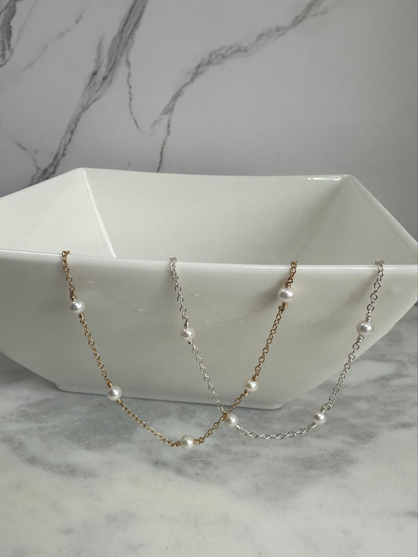 Multiple Pearl String Chain Necklace, Multiple Metals
